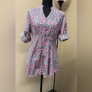 IZOD Pink and Gray 3/4 Sleeve Fitted Blouse with Mandarin Collar size Medium